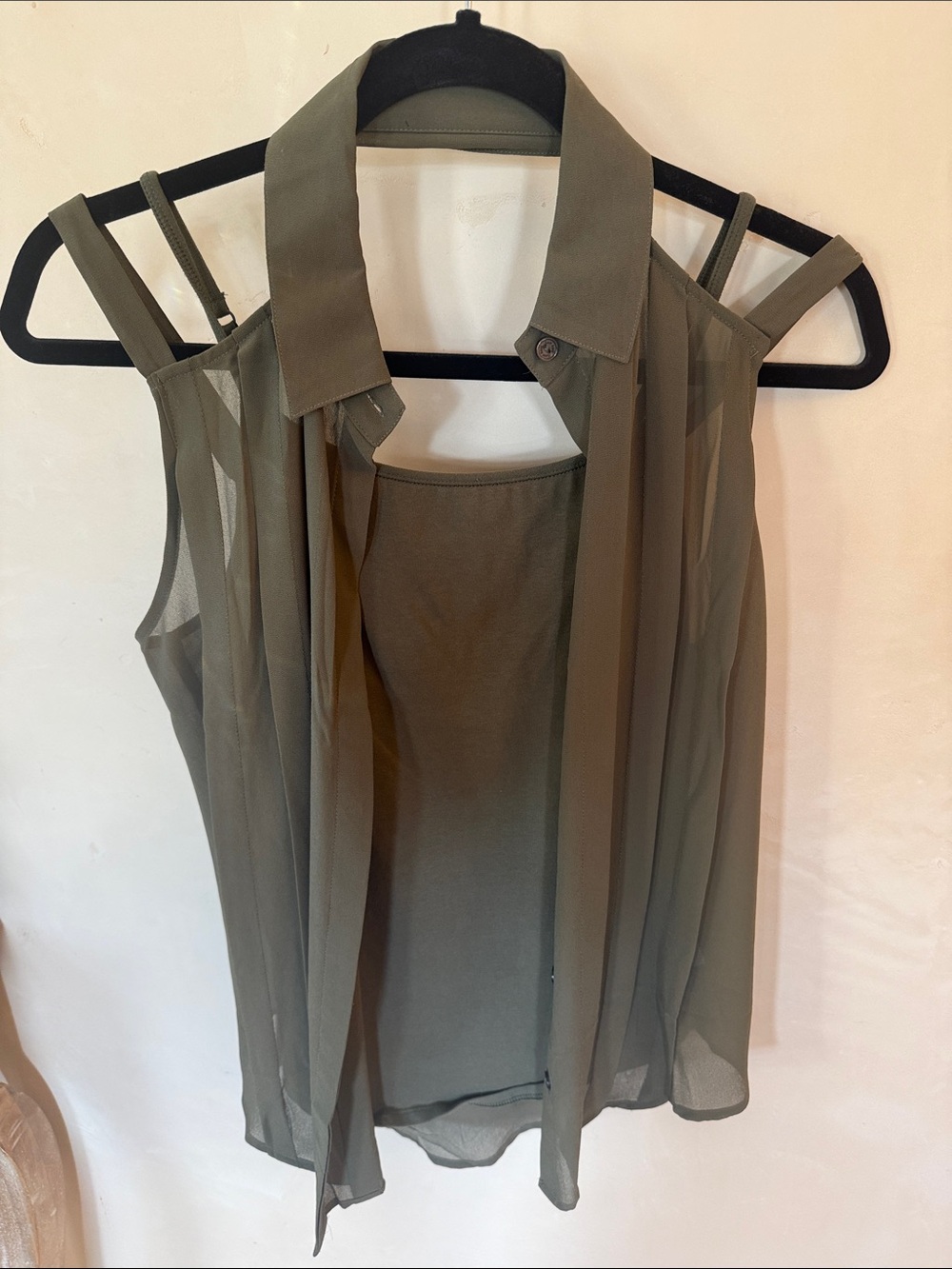 Olive Green Sleeveless Chiffon Layered Camisole with Neck Tie